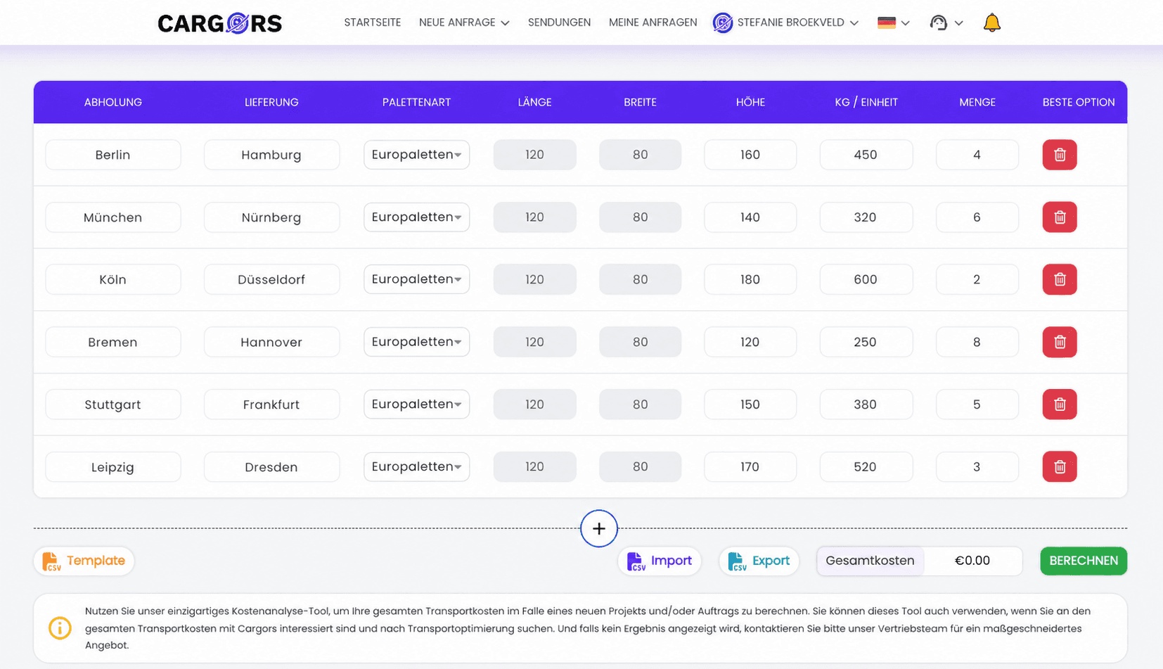 Cargors cost analysis tool - calculate pallet transport costs for multiple destinations in one overview
