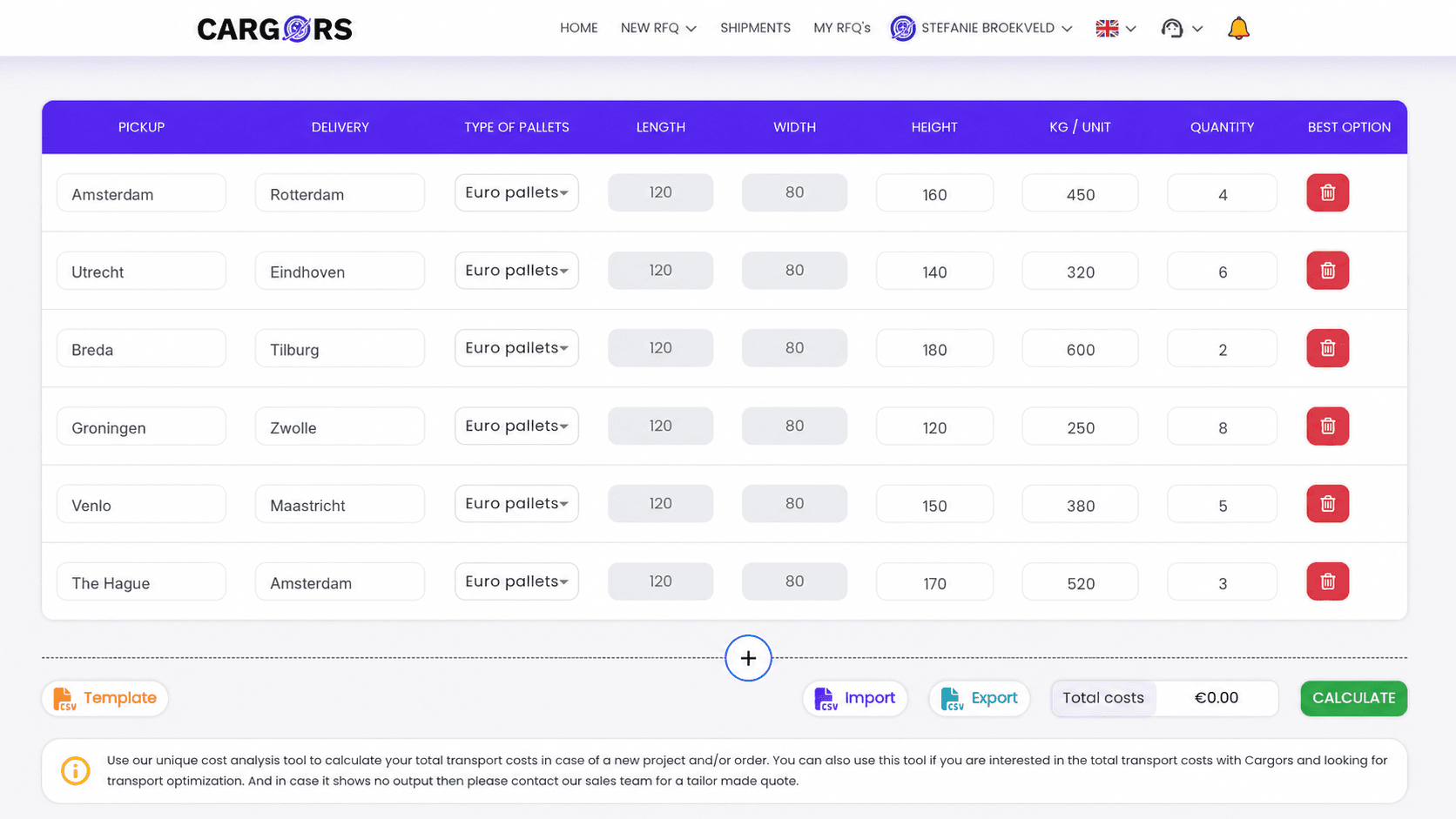 Cargors cost analysis - calculate pallet transport costs for multiple European destinations in one overview